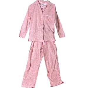 Carroll Reid pyjamas,sleepwear set.Pink flannel ,floral embroidered ,satin trim